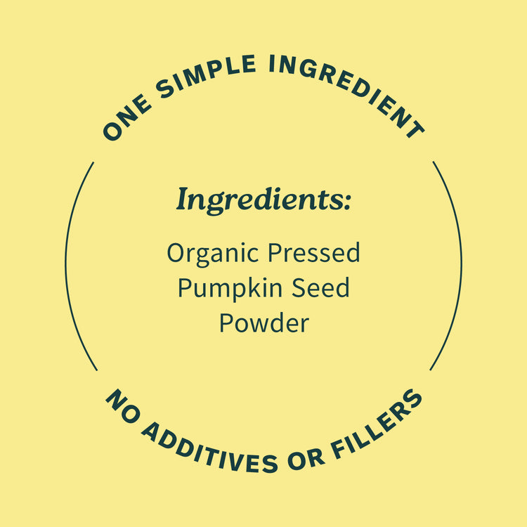 Text on a yellow background describing organic pressed pumpkin seed powder with no additives or fillers.