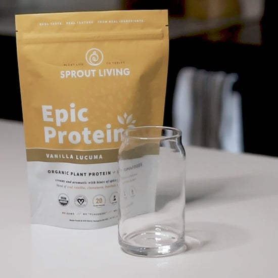 Epic Protein Vanilla Lucuma Smoothie Being Poured Into Glass