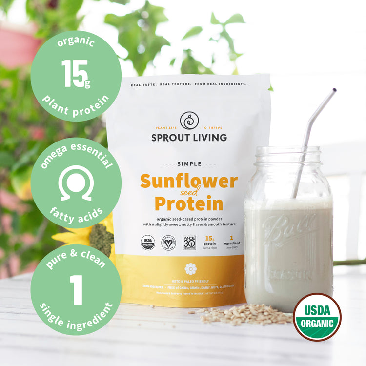 Simple Sunflower Seed Protein 1lb bag with smoothie and highlights